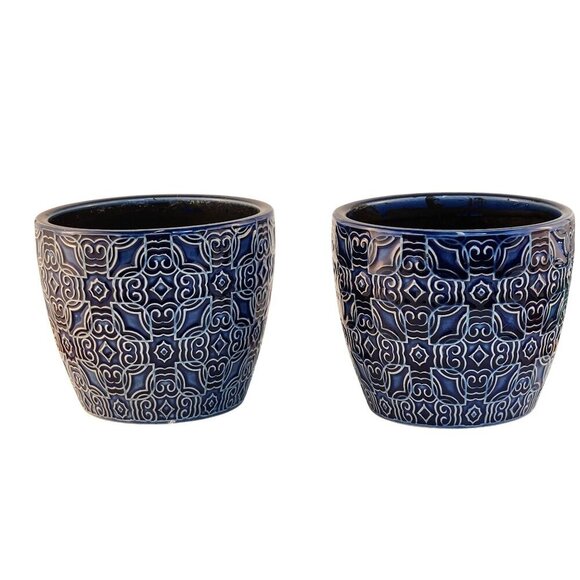 Blue Mediterranean Bell Ceramic Planter Decorative Set Of 2 Fits 4 Inch Pots Ind - Picture 1 of 9